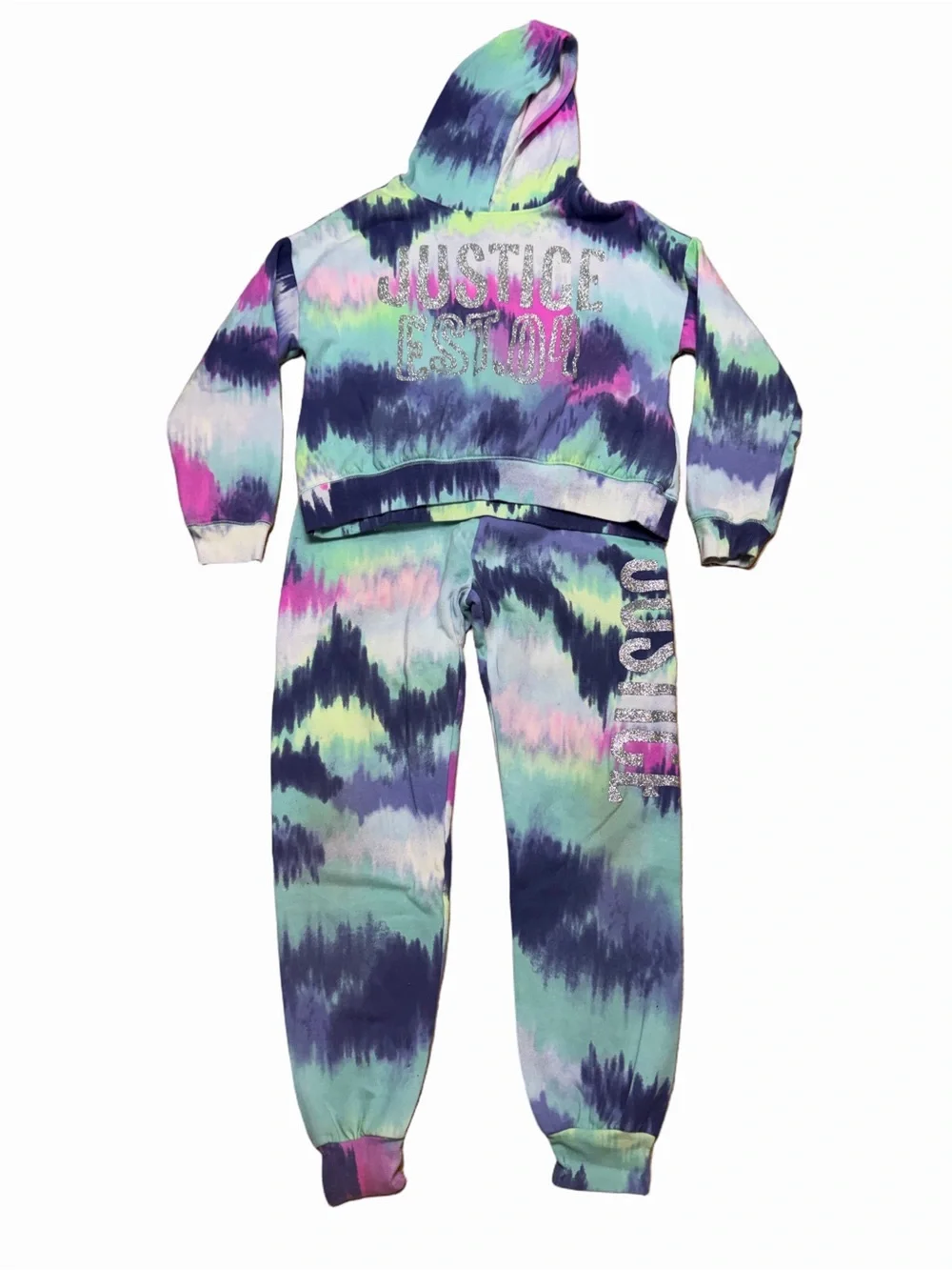 Justice Girls XL 16/18 Tie Dye Glitter Hoodie Jogger 2 Piece Matching Set